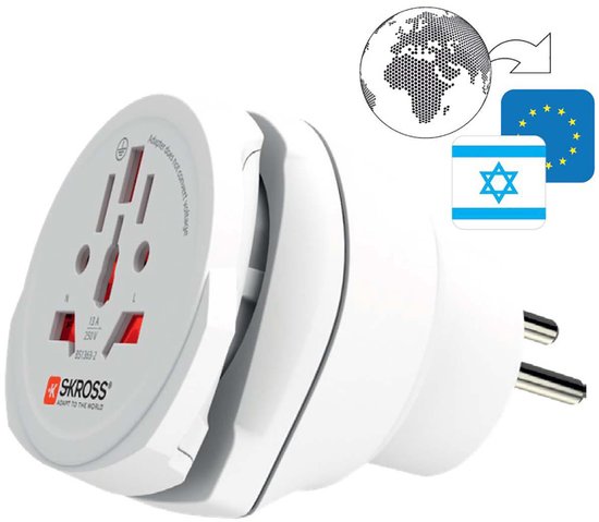 Witte Skross reisadapter met wereldstekker, Israëlische en EU-stekkers. Werkt niet met voltage.
