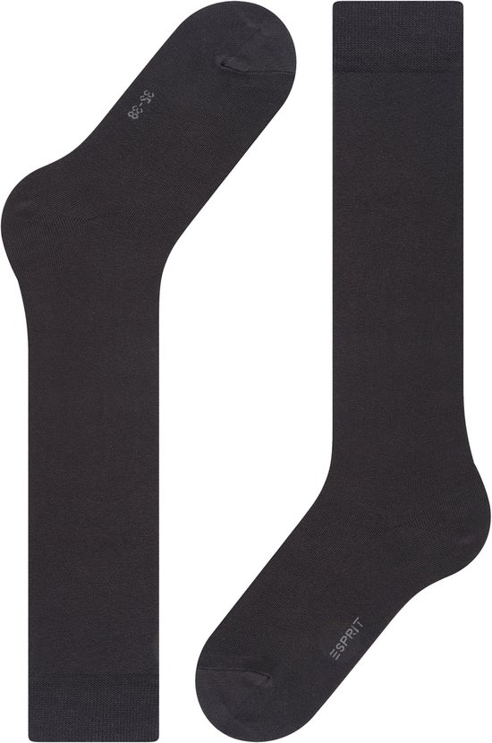 Twee effen donkergrijze kniekousen, één met maat 36-38, de ander met Esprit logo.