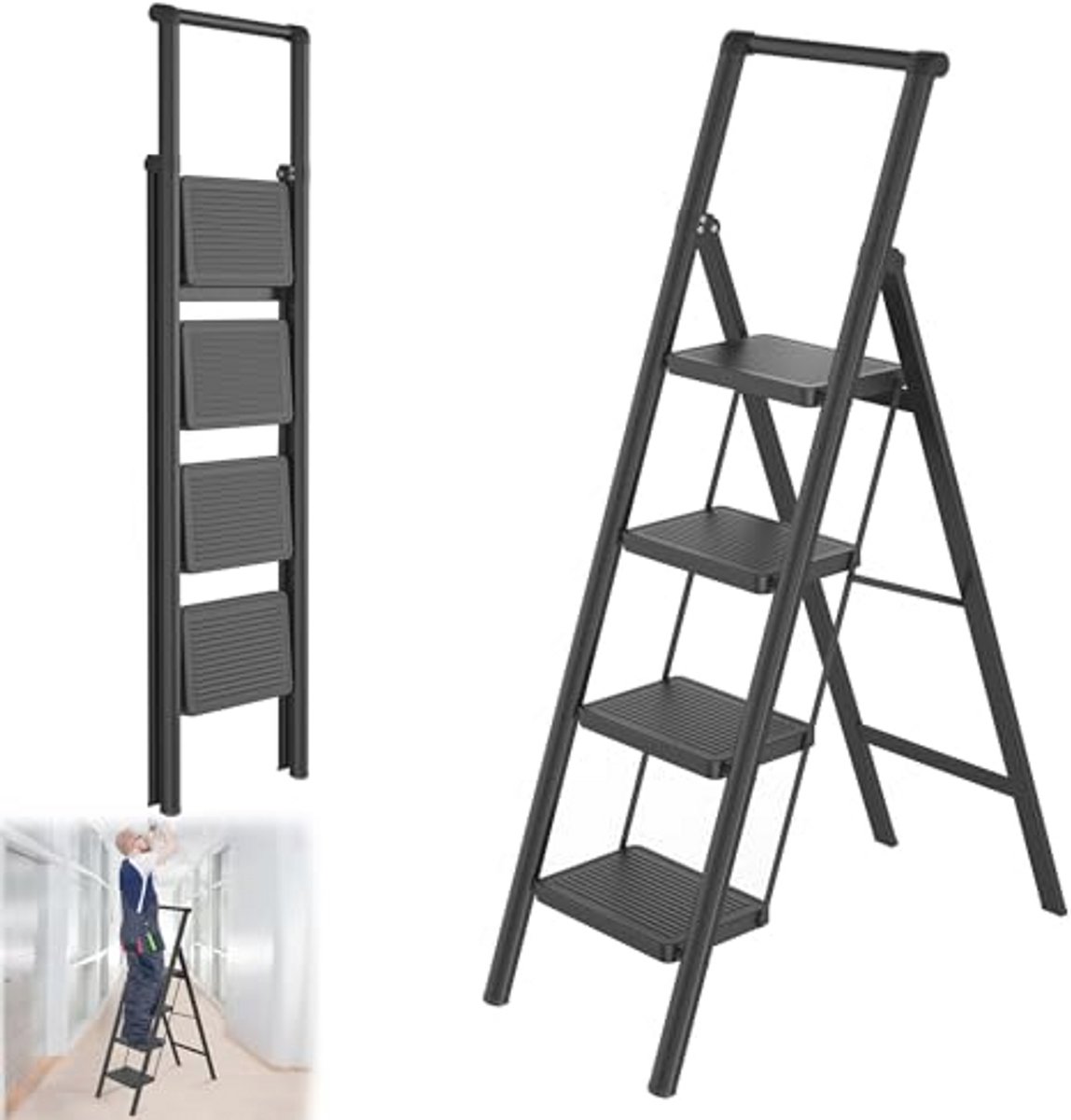 Inklapbare trapladder met brede antislip treden en leuning, tot 250 kg, multifunctionele huishoudladder, zwart