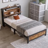 REDOM metalen eenpersoonsbed 90x200 cm – Naturel – Opberghoofdeinde – 26.5 cm opbergruimte – 120 kg