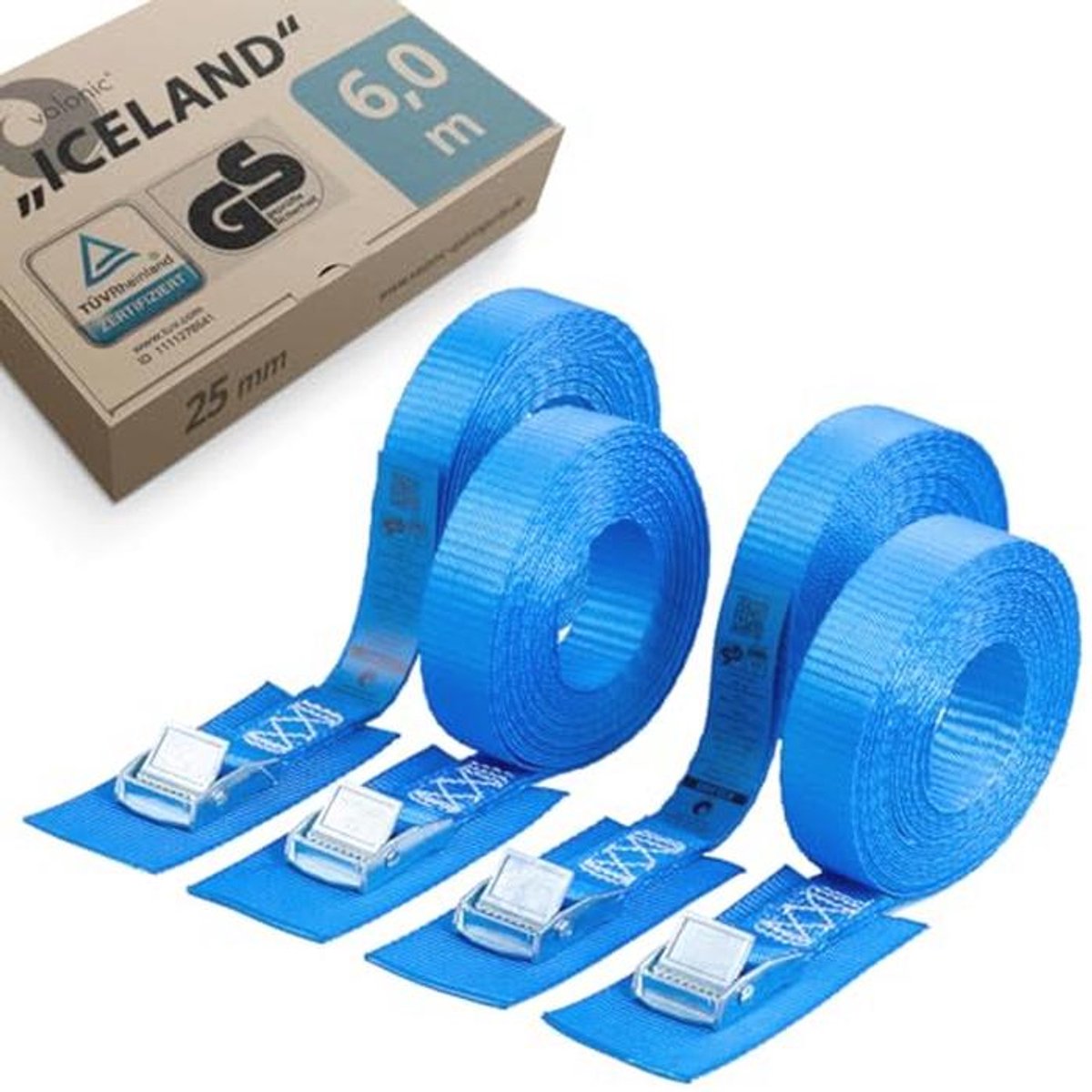4 x 6 m Lashing Straps with Clamp Lock - 25 mm, 250 kg, Padded, TÜV Certified - Tie Down Strap for Roof Box, SUP, Kayak, Washing Machine, Blue