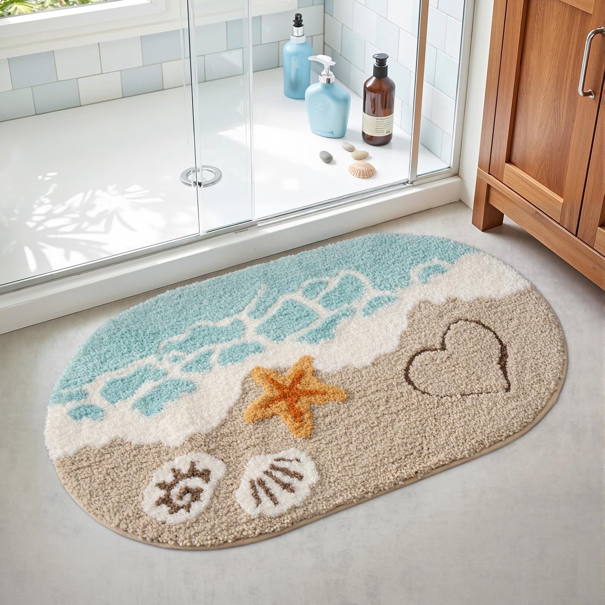 Badkamermat - Ovale Badmat - Antislip en Zachte Badmatten - Machinewasbare en Absorberende Badmat voor de Badkamer - Douche en Badkuip - Starfish Beach - 54 x 86 cm