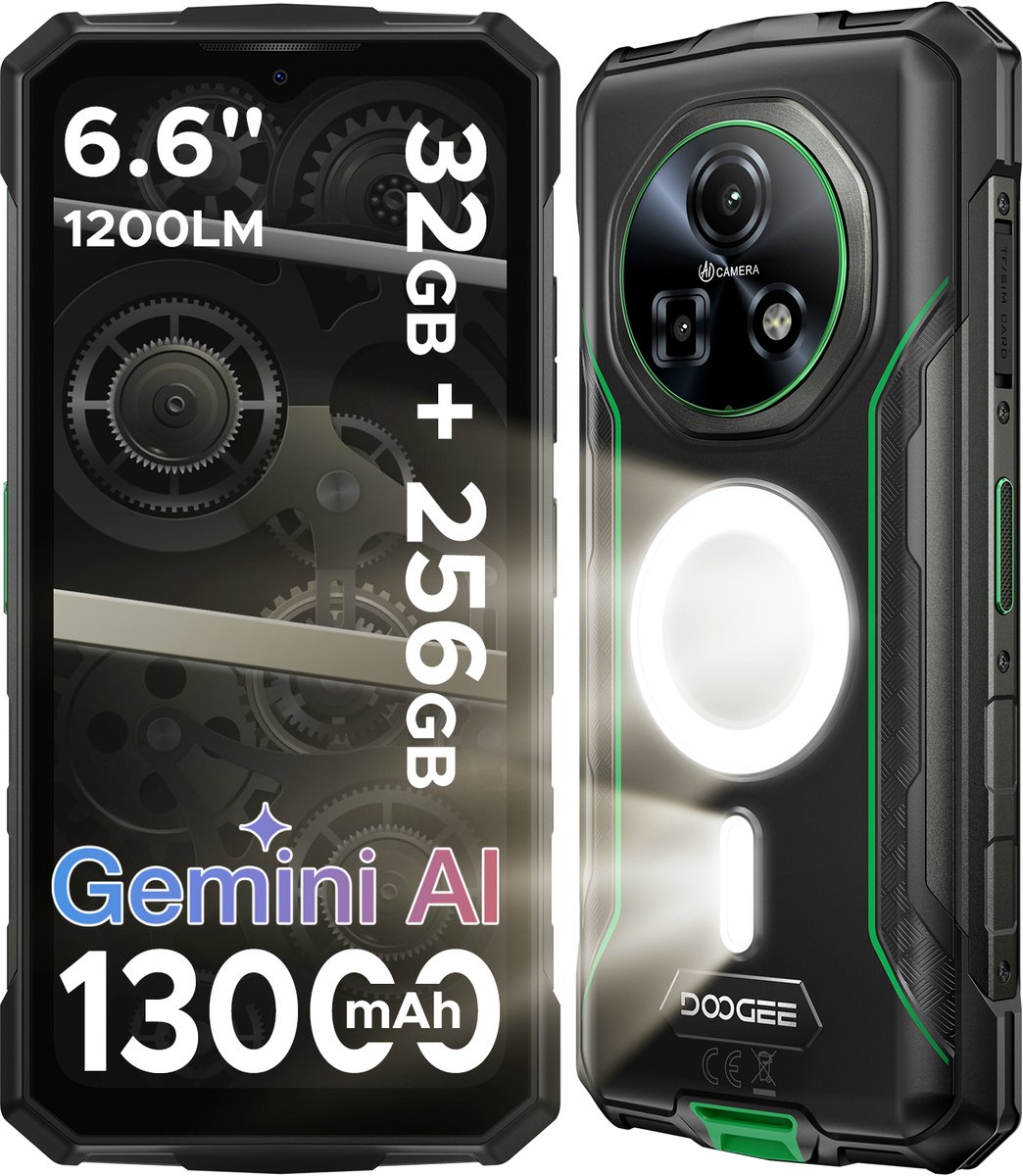 DOOGEE Fire 5 Ultra-AI Robuuste Smartphone-32GB RAM - 256GB ROM-6,6 inch 90 Hz-Robuuste Telefoon - IP68 Waterdicht -1200-lumen kampeerlamp-13000 mAh- Gemini AI-gezichtsherkenning- Android 15 - NFC - GPS-Groen