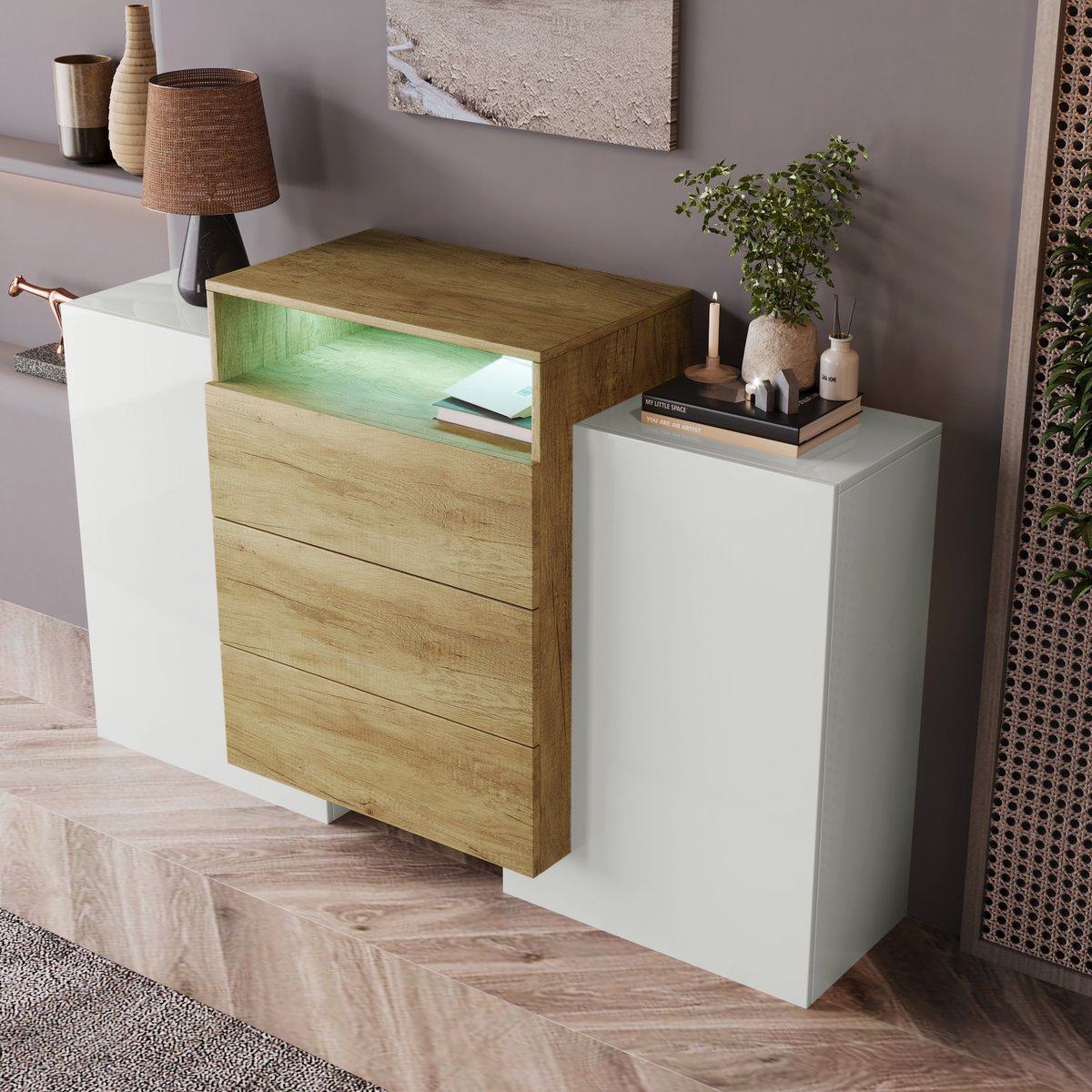 REDOM Dressoir 140 cm hoogglans wit & houtkleur - MDF met 2 deuren, 3 lades, verstelbare planken en instelbare LED Natural