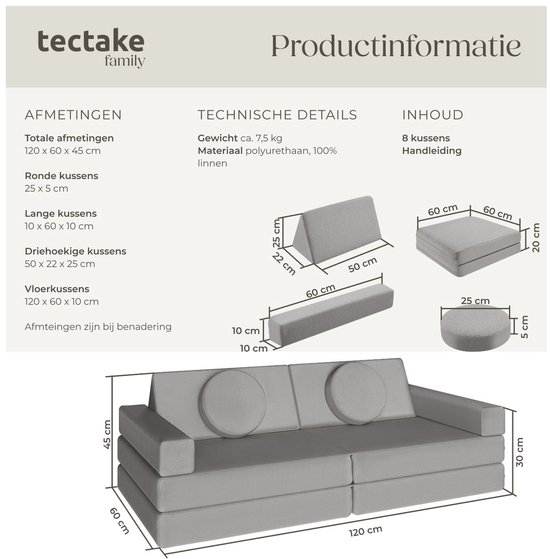 tectake® Banc de Jeu Lilly - Canapé Enfant, Meubles Modulaires pour Tout-Petits - Chaise Haute, Fauteuil Enfant, Canapé de Play , Siège Enfant, Banc - Jouets Montessori, Canapé Enfant, Canapé Lit - 120cm - gris