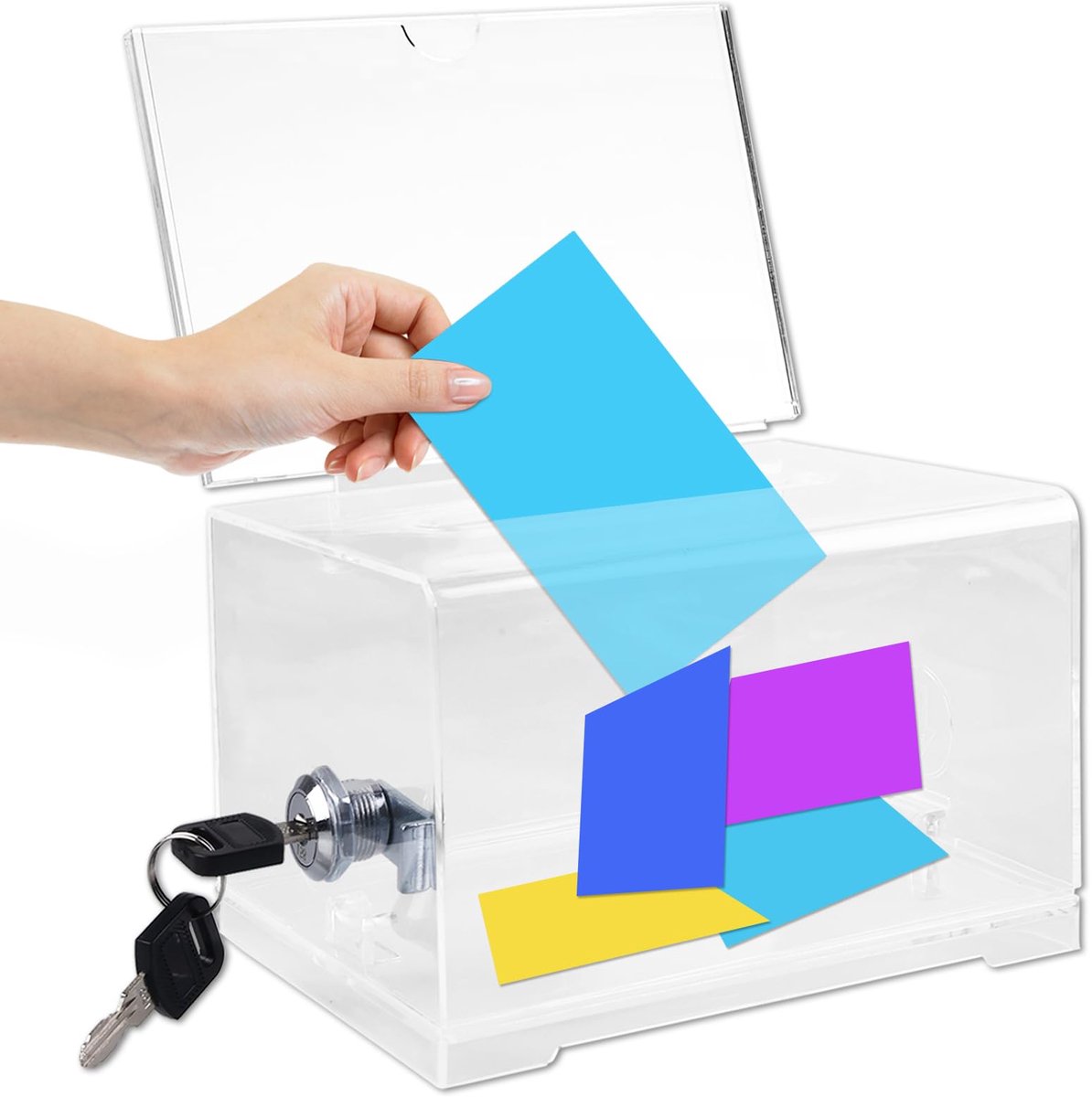 Acryldispenserbox, transparante stembus met sleutel, dispenserbox, afsluitbaar, acryl met insteekbord, geldcassette, aanbevolen doos voor stemmen, wedstrijden en visitekaartjes verzamelen