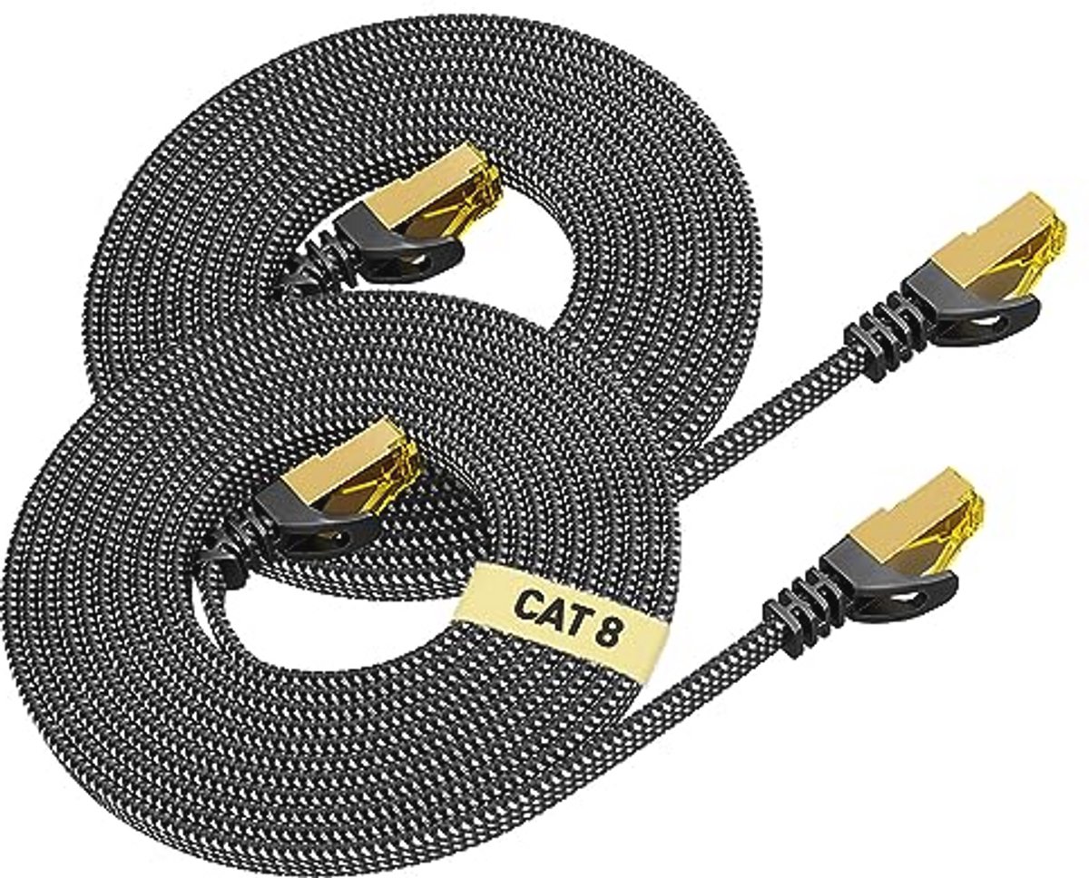 Cat8 Ethernet Kabel 1m 2 Stuks Gevlochten Plat Hoge Snelheid 40 Gbps 2000 Mhz