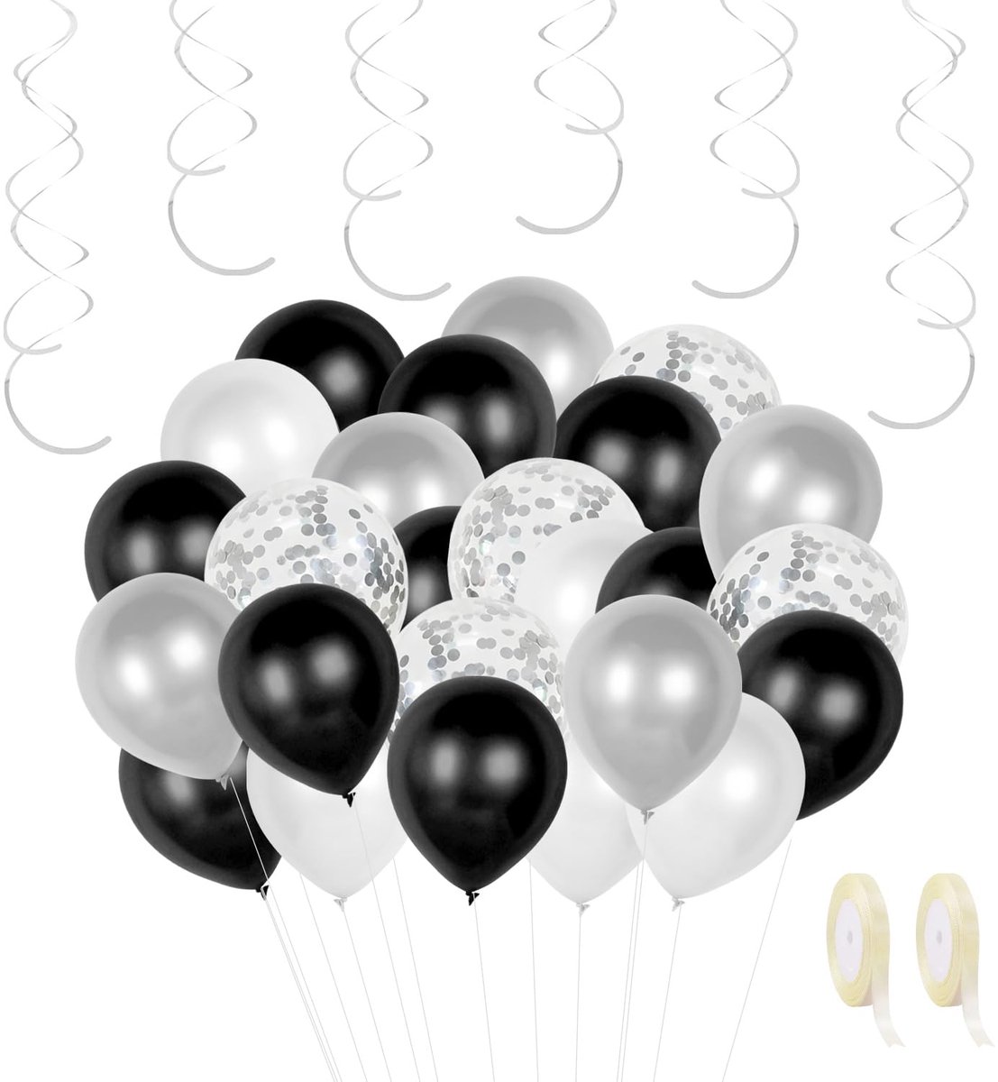 Zwart-witte ballonnenset van 30 stuks met 1 rol lint, 6 spiraalhangers, ballondecoratie voor de feestdagen