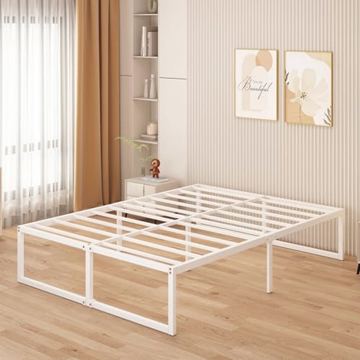 Bed Frame 140x200cm met Onderbed Opslag - 46cm Hoog, Stabiele Metalen Constructie en Eenvoudige Montage