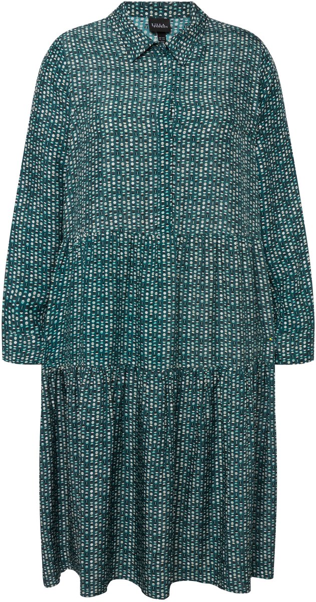 Ulla Popken Dames - Overhemdblouse-maxi-jurk volantzoom overhemdkraag - Felpetrol - Maat 46+