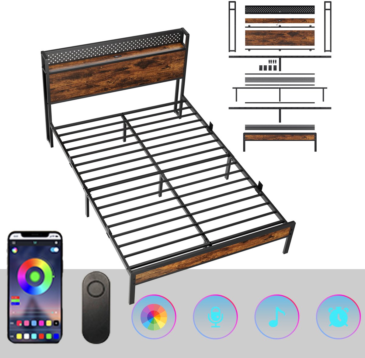 KUTAS Metalen Bedframe - Tweepersoonsbed 140x190 cm - Minimalistisch Bedframe - Stevig - Stil - Anti Slip - Met LED Verlichting - Stopcontacten - USB Poorten - Type C - Hoofdbord met Opbergruimte Zwart