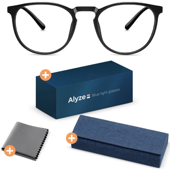 Zwarte Alyze computerbril zonder sterkte, met blauw licht filter. Inclusief brillenkoker, poetsdoekje en doos.