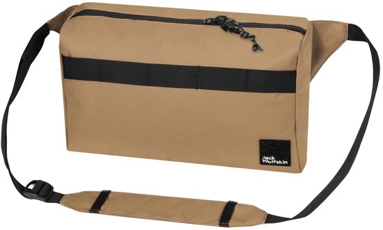 Bruine schoudertas met zwarte rits en banden, Jack Wolfskin logo.