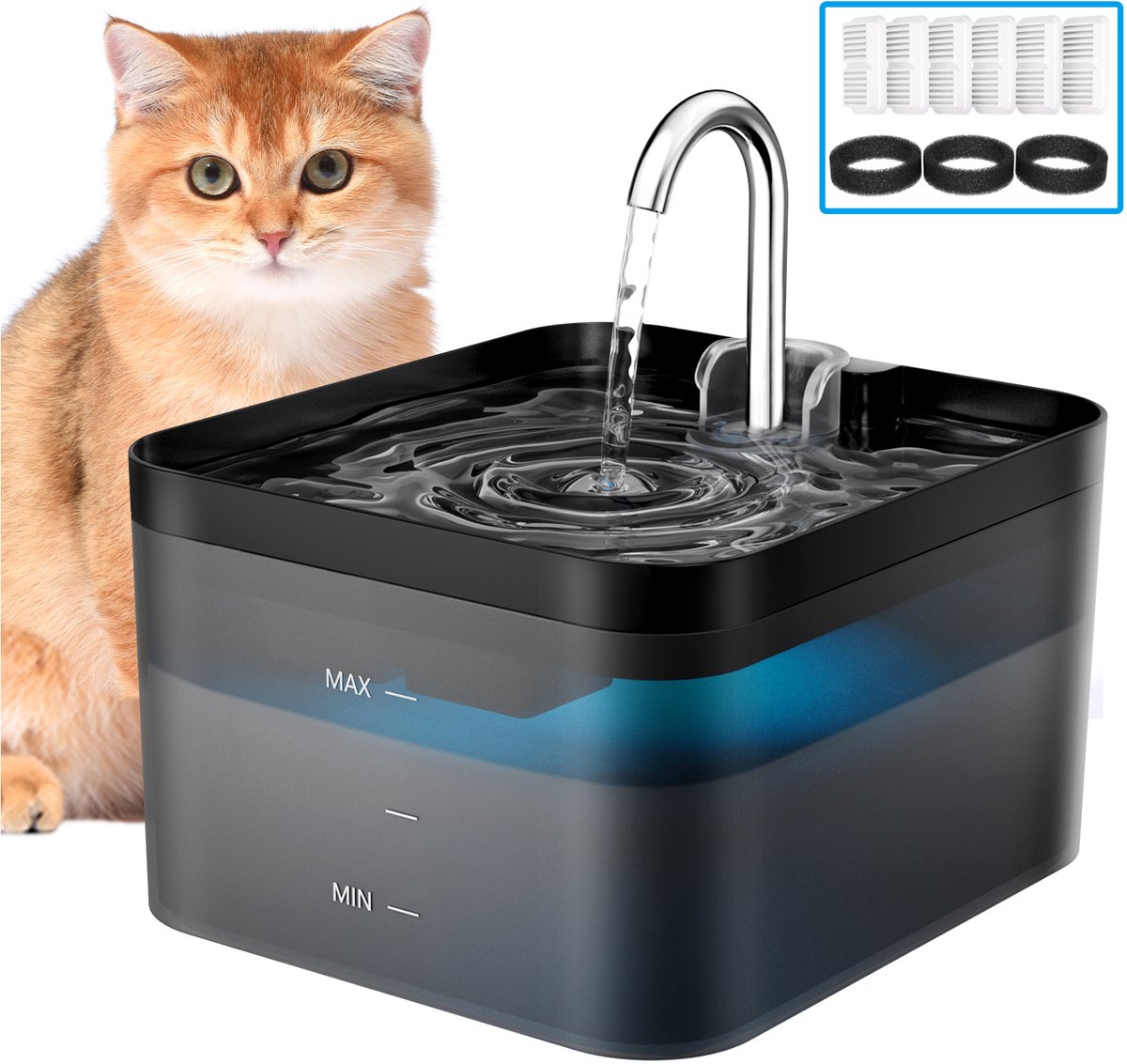 PawPoll® Drinkfontein - Waterfontein - Incl. 6 Filters - Waterfontein - voor Katten en Honden - 2.2L - Dieren Drinkbak - Fluisterstil - Waterdispenser Kat - Transparant Zwart