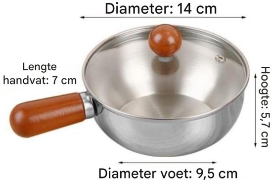 QTTVBTNA - 1 Stuks RVS Kookpan met Deksel - Platte Bodem voor Inductie, Gas en Elektrisch - Koekenpan - Stijlvolle Houten Handgreep - Gelijkmatige Warmteverdeling - Geschikt voor Koken, Sauzen, Soep én Eieren Bakken - Duurzaam & Compact - 14 cm van QTTVBTNA — afbeelding 2