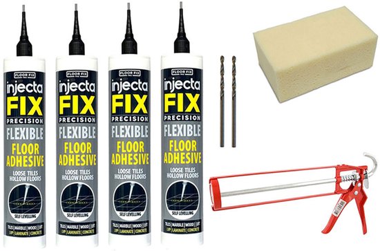 Vier tubes Floor Fix Precision injectielijm, twee boortjes, een schuimblok en een rode kitspuit op witte achtergrond.