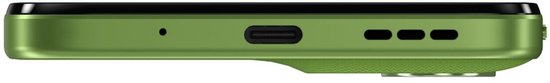 Onderkant van de groene Motorola moto g06 smartphone, met poorten en microfoon.
