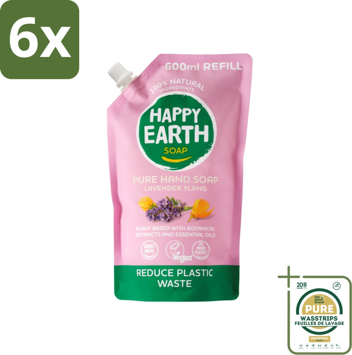 Happy Earth – Handzeep Navulling – 100% Natuurlijk Lavender Ylang – 600 ml - Voordeelverpakking - 6 stuks - Lavendel - Ylang