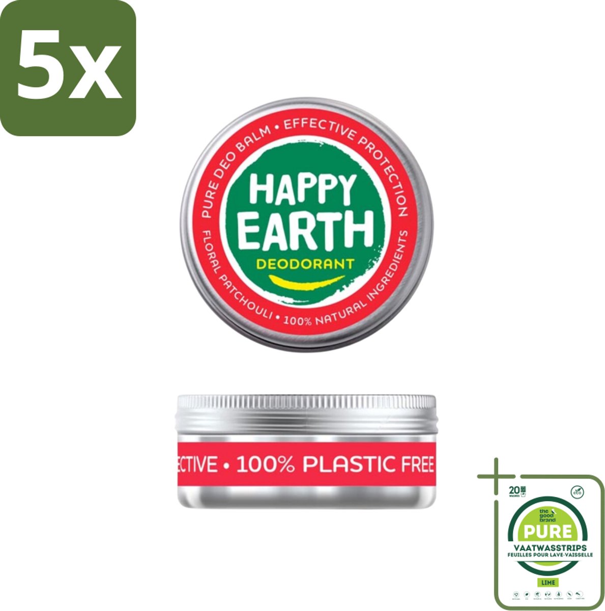 5 x Happy Earth – Deodorant Balm – 100% Natuurlijk Floral Patchouli – 45 g - Grootverpakking - Deodorant Balm - Natuurlijke Deodorant - Bloemige Geur - Patchouli - Huidvriendelijk