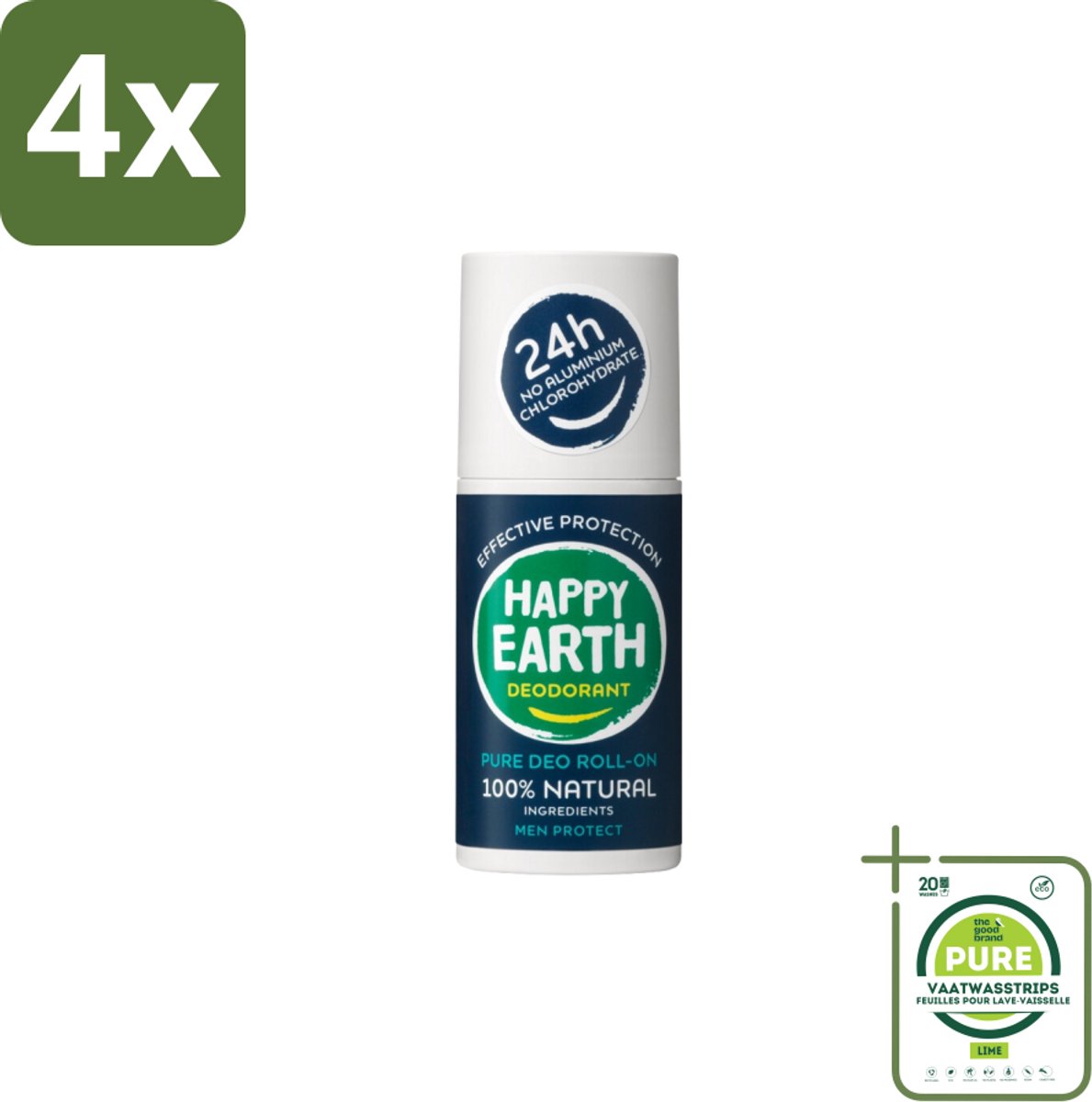 Happy Earth – Deodorant Roll-On – 100% Natuurlijk Men Protect – 75 ml - Voordeelverpakking - 4 stuks - Natuurlijke deodorant voor mannen - Frisse geur