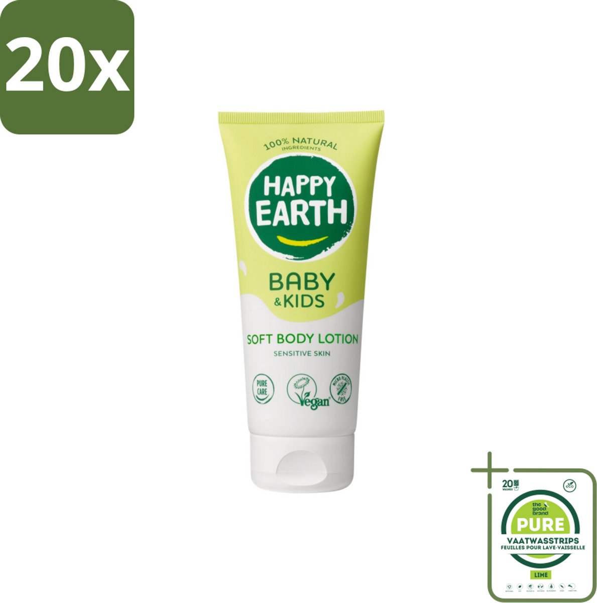 20 x Happy Earth – Bodylotion – 100% Natuurlijk Baby & Kids – 200 ml - Grootverpakking - Babylotion - Kinderhuid - Natuurlijke Bodylotion - Gezonde Huid - Gevoelige Huid