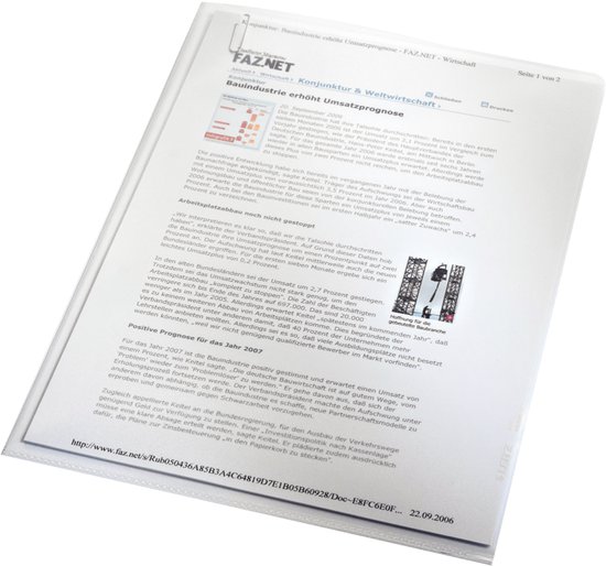 Transparante insteekmap met een bedrukt document erin. Het document bevat de tekst 'Konjunktur: Baustufe erhöt umsatzprognose' en een grafiek.
