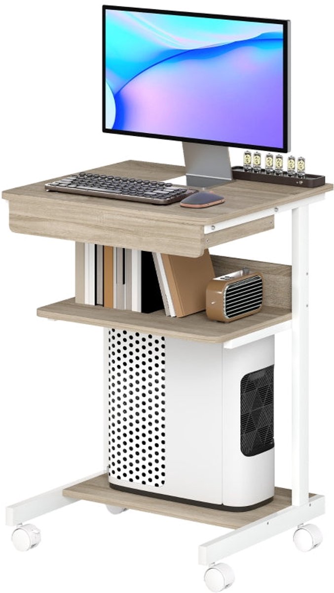 Merax Rollende Computerbureau – Compact Bureau Met Lade En Planken – Laptoptafel Op Wielen – 56×51×79 cm – Eiken Wit