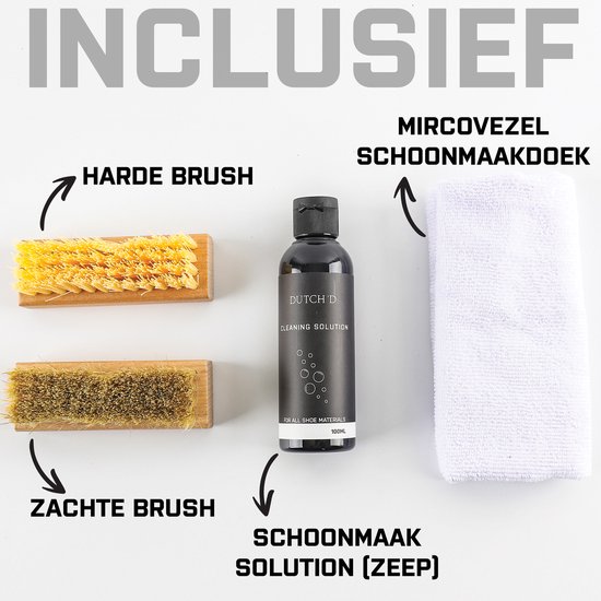 Een "HARDER BRUSH", "ZACHTER BRUSH", "SCHOONMAAK SOLUTION (ZEEP)" en "MIRCOVEZEL SCHOONMAAKDOEK" worden getoond.