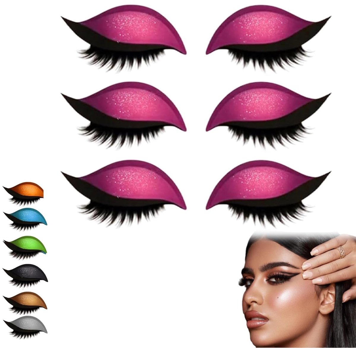 Drie paar oogschaduw- en mascarastickers in roze, een must-have voor luie mensen.