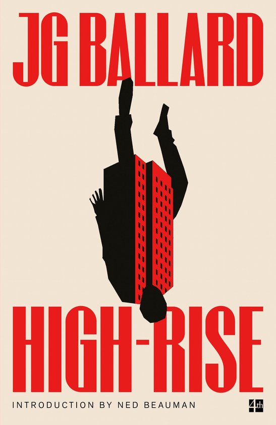 Boekomslag met de titel 'JG BALLARD HIGH-RISE'. Een man met pak valt van een rood appartementencomplex.