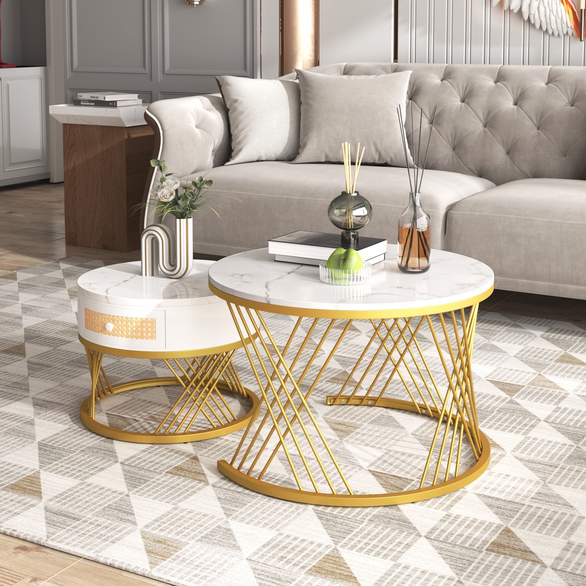 REDOM 2-in-1 ronde salontafelset met marmerlook blad, kunststof-rattan lades, massief hout grepen en gouden metalen poten Wit