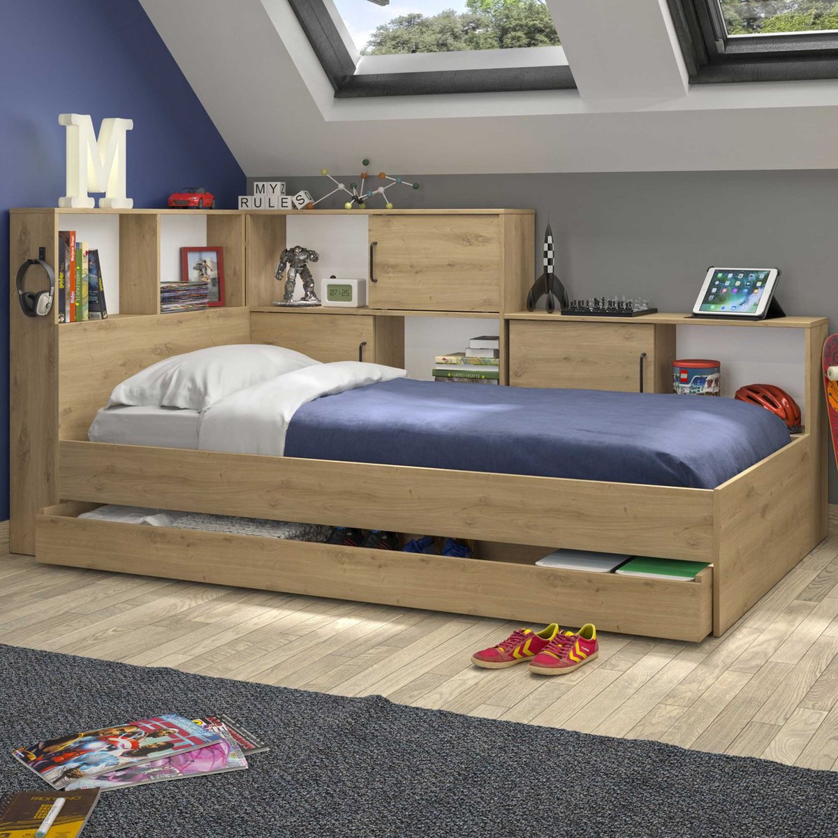 Artisan Eiken Tienerbed Erwan 90 X 200 Cm Met Opbergruimte - Gautier - Diagone - Eenpersoons Bedkader - Wit; Bruin - Melamine; MDF Eenpersoons Normaal Bed