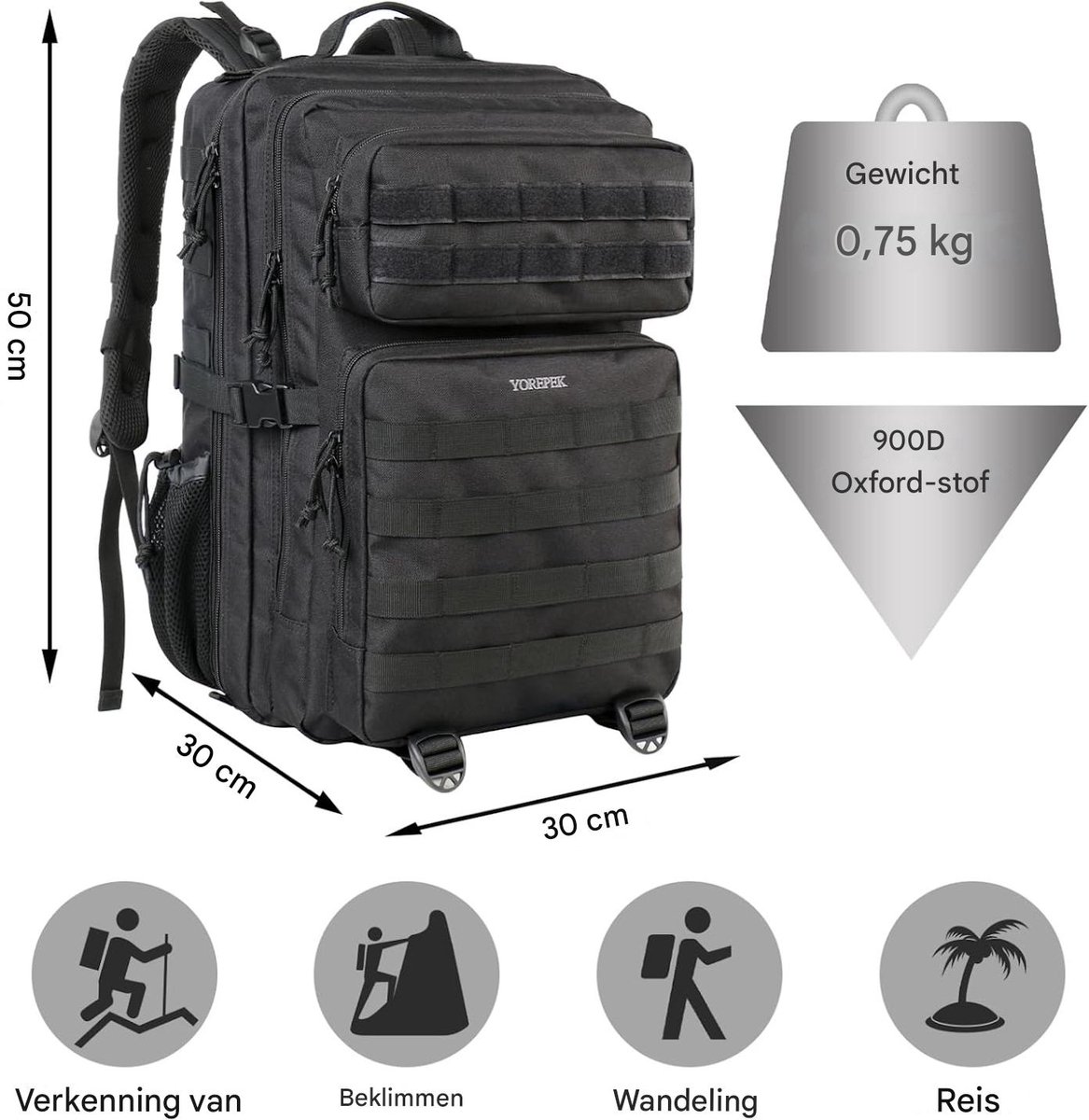 YOREPEK Tactical Rugzak 45L Zwart - Militaire Backpack voor Dames & Heren - Waterafstotende MOLLE Wandelrugzak met 17 Inch Laptopvak - Army Bag voor Outdoor, Camping, Hiking, Survival, Reizen & Fitness – foto 6