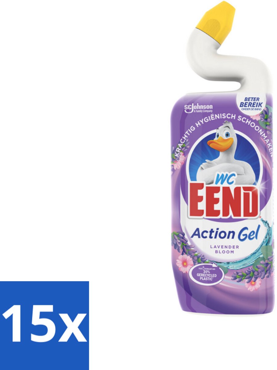 15 x WC Eend - Action Gel Lavender Bloom - Toiletreiniger - Fris & Krachtig - 750 ml - Toiletreiniger - Toilet Reinigen - Kalkaanslag Verwijderen - Lavendel Geur - Toilet Hygiëne
