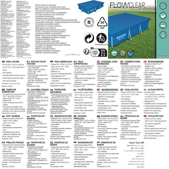 Bestway Flowclear verpakking met gedetailleerde informatie over verschillende zwembadafdekzeilen in meerdere talen.