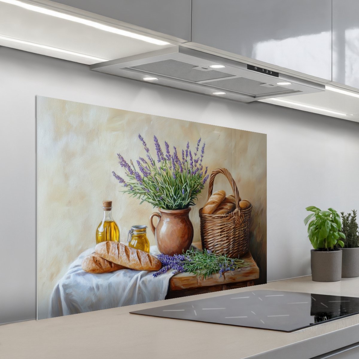 KitchenYeah Spatscherm 100x65 cm Zelfklevende achterwand Lavendel Brood Stilleven Keuken muurbeschermer Spatwand fornuis