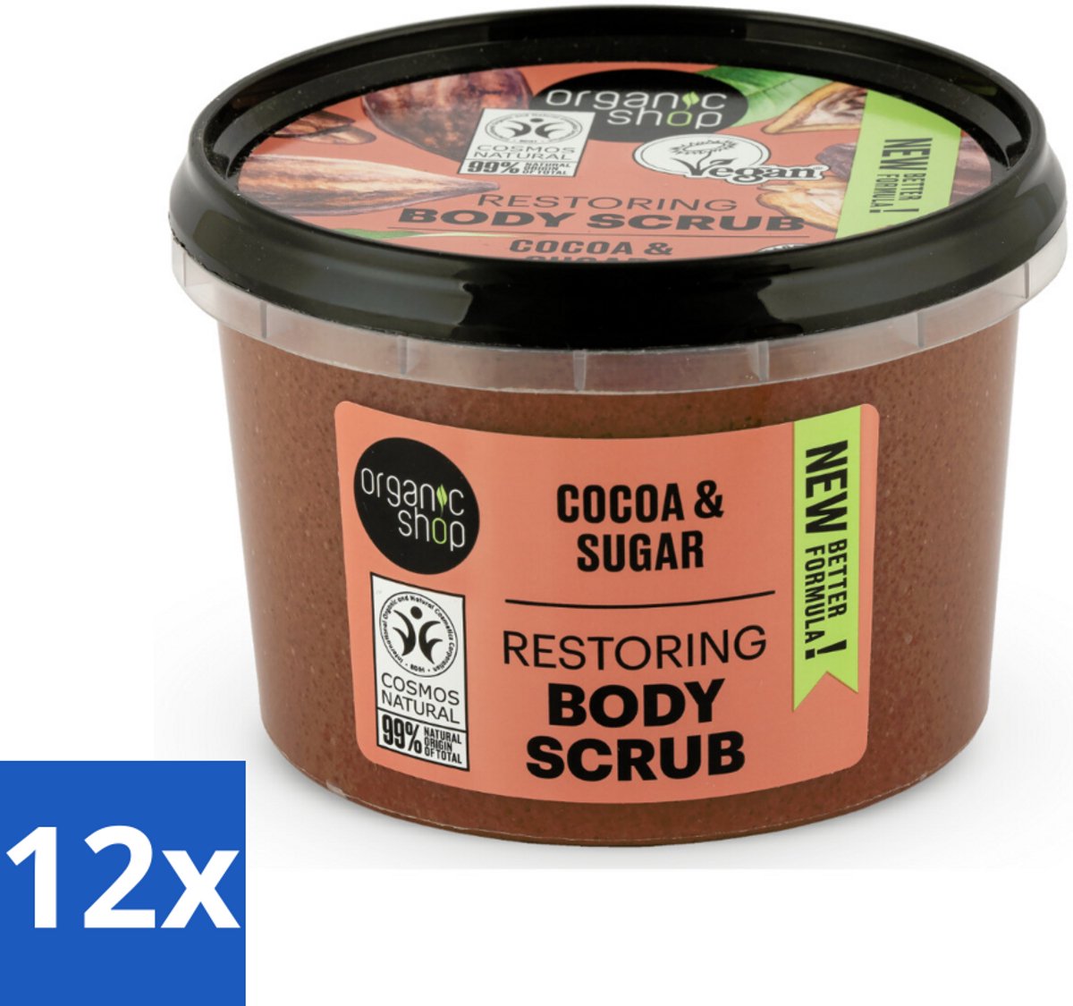 Organic Shop - Body Scrub Cocoa - Rijke Hydratatie - 250 ml - Voordeelverpakking - 12 stuks
