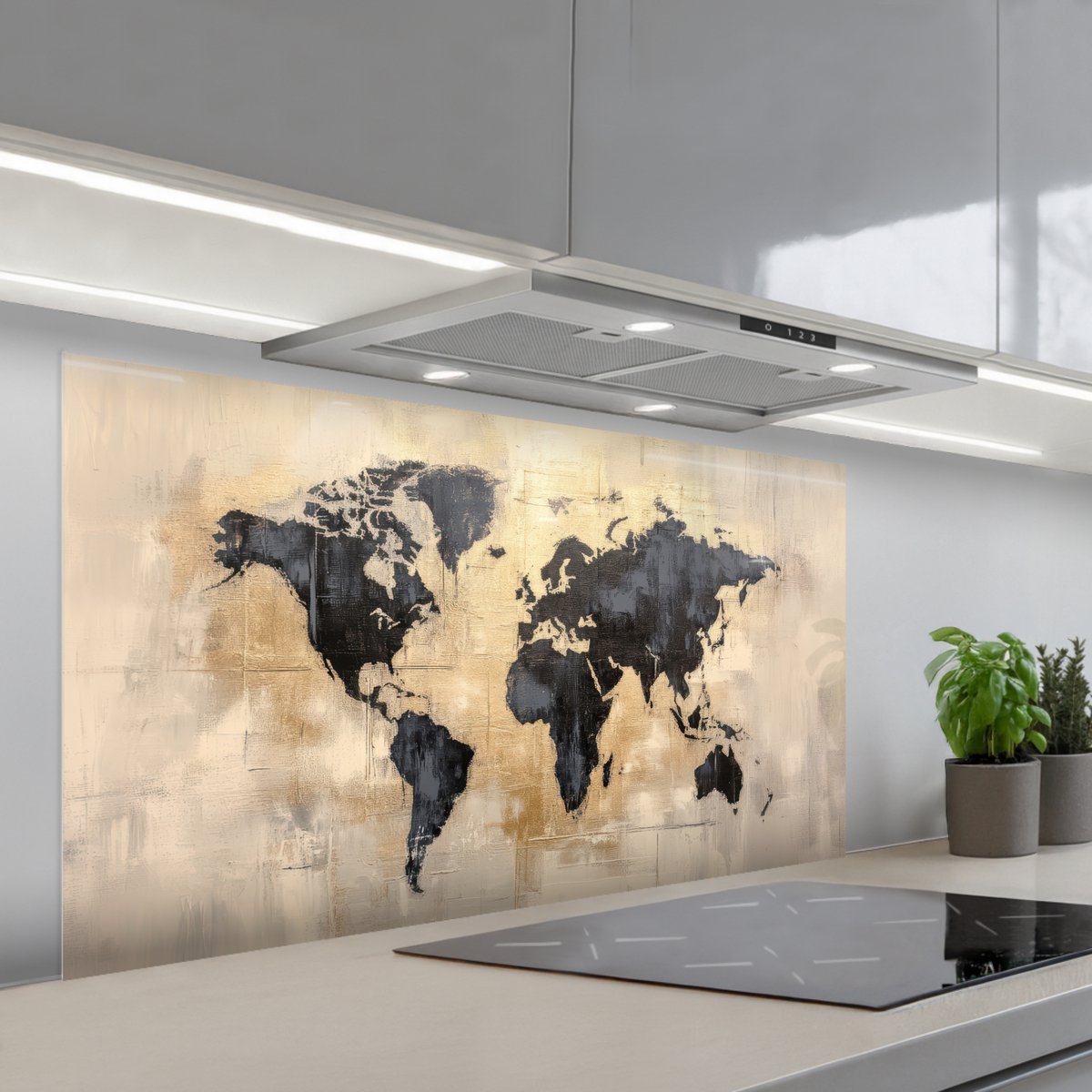 KitchenYeah Spatscherm 120x60 cm Zelfklevende achterwand Wereldkaart Goud Zwart Abstract Keuken muurbeschermer Spatwand fornuis