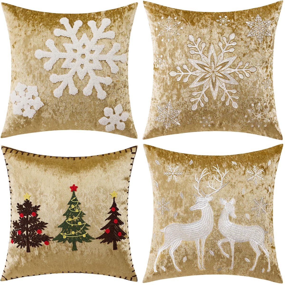 Unyqoos Set van vier fluwelen kerstkussenhoezen voor sfeervolle decoratie goud