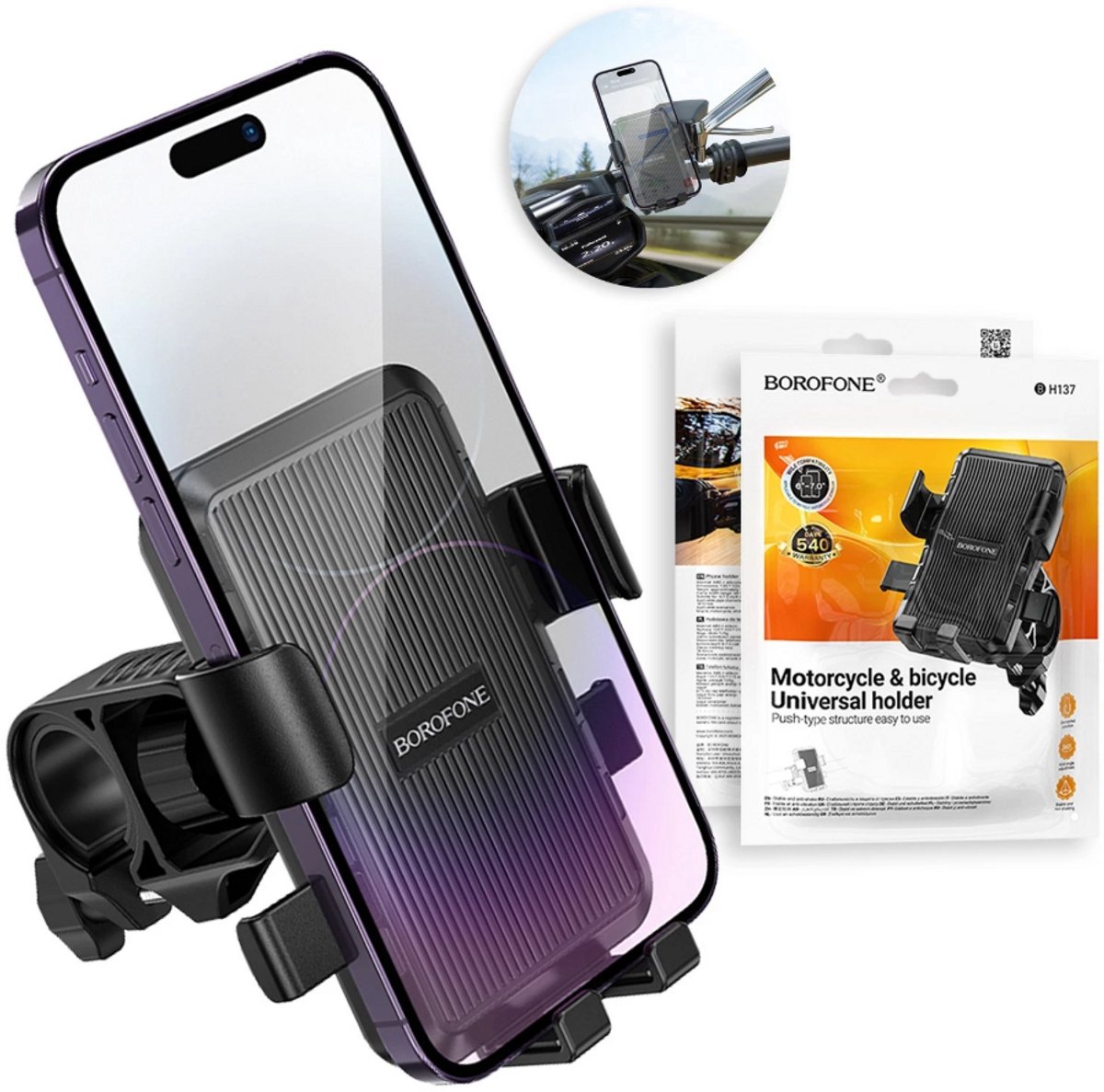 Fiets, Brommer en Motorfiets Telefoonhouder Mount - Borofone BH137 - Veelzijdige Universeel Telefoon houder - Eenvoudige Installatie