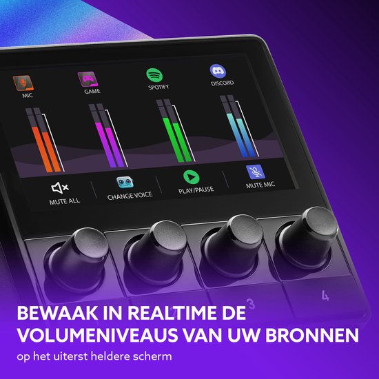 Close-up van de zwarte Hercules audiocontroller met een display dat de volumestatus van microfoon, game, Spotify en Discord toont.
