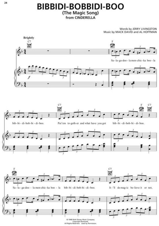 Muziekblad voor "Bibbidi-Bobbidi-Boo" uit Assepoester, met pianomuziek en songteksten.