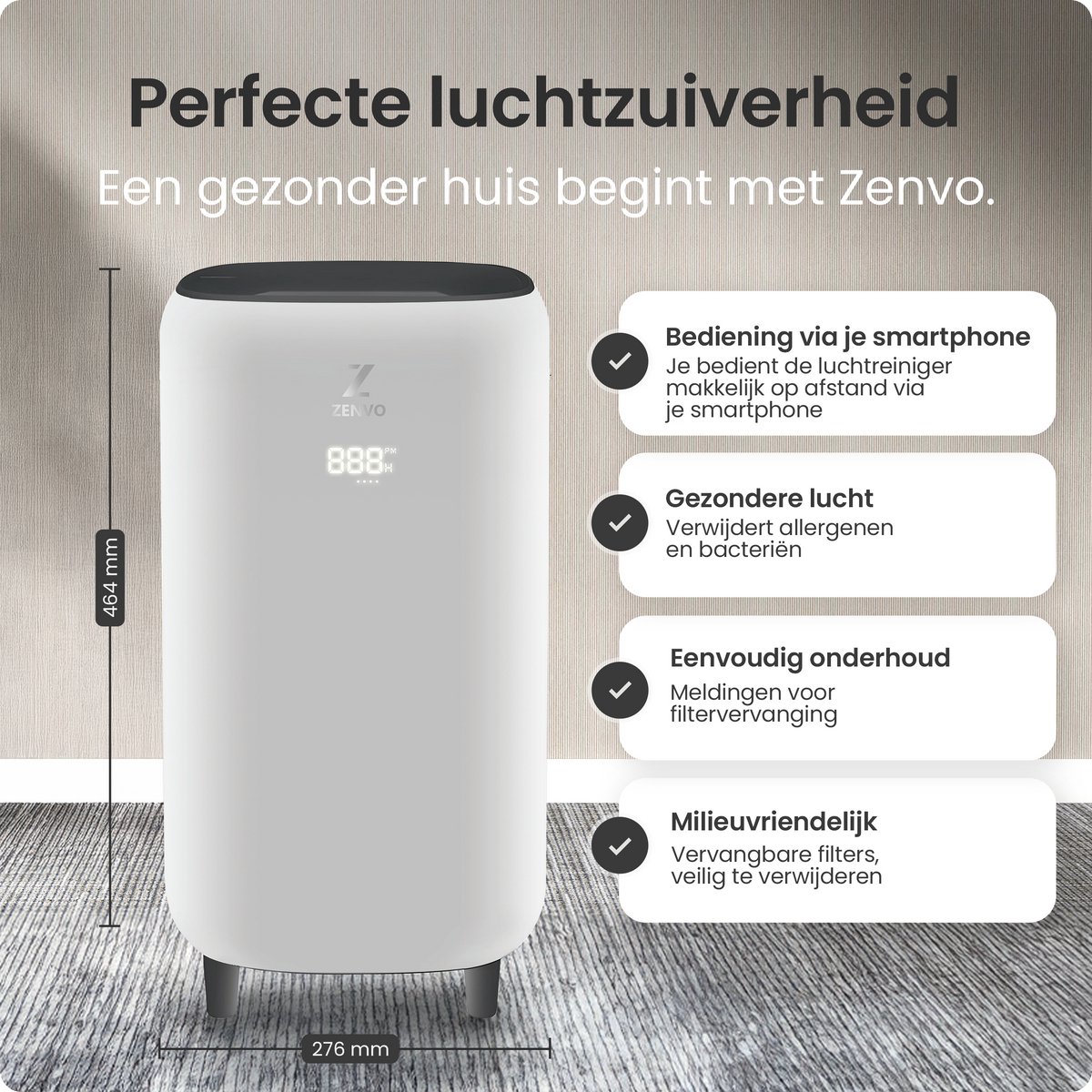 Zenvo Luchtreiniger- 360 m3/u - Werkt tegen huisstofmijt, hooikoorts, allergie, stof - Met HEPA 13 Filter - Air Purifier - Clean Air — afbeelding 4