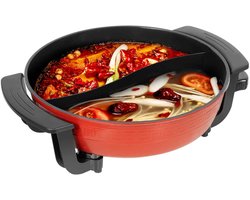De Warenloods - Elektrische Hotpot - 6L - Chinese Fondue - 2 Compartimenten - 38,3 x 11 cm - Rood - Voor Frituren, Koken, Stomen en Hotpot