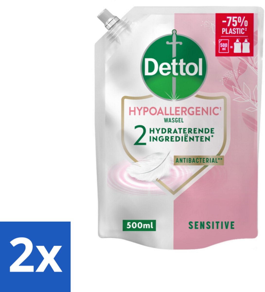 2 x Dettol - Handzeep Navulling - Hypoallergenic - Sensitive - 500 ml - Handzeep Navulling - Hypoallergene Handzeep - Gevoelige Huid - Antibacteriële Zeep - Duurzame Handzeep