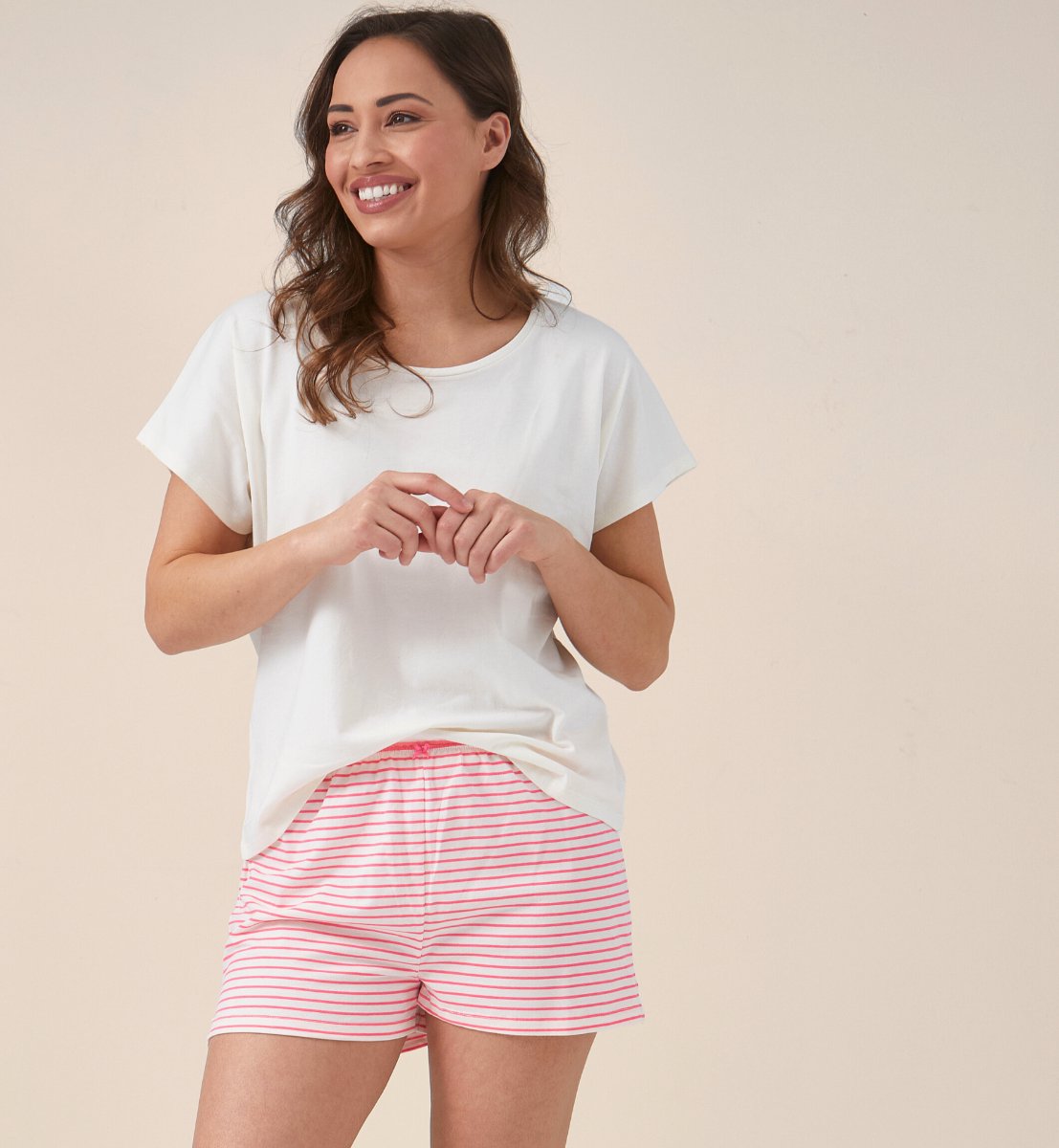 Little Label dames pyjama kort - felroze bretonse strepen-42 - extra zachte bio-katoen