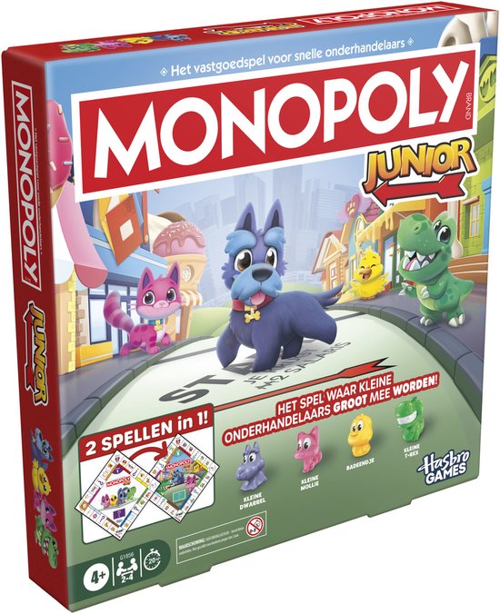 Monopoly Junior bordspel met donut, ijsje, hond, kat, kuiken en dinosaurus.
