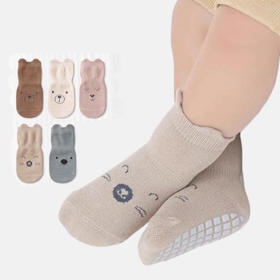 5 paires de chaussettes antidérapantes pour tout-petits, chaussettes chaudes, semelle en silicone, motif animal, adaptées aux bébés qui apprennent à marcher et à ramper, taille S (0-1 an, longueur du pied 8-10 cm).