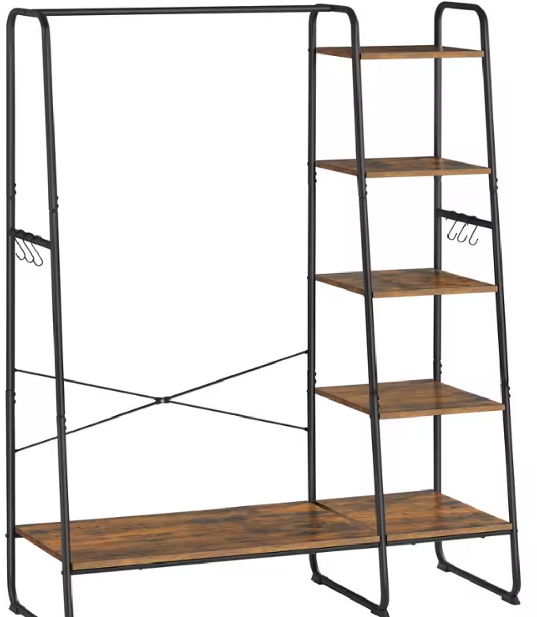 Industrieel Kledingrek met 5 Legplanken - Garderoberek met Hangroede en 6 Zijhaken - Vintage Bruin/Zwart - 120x45x160 cm