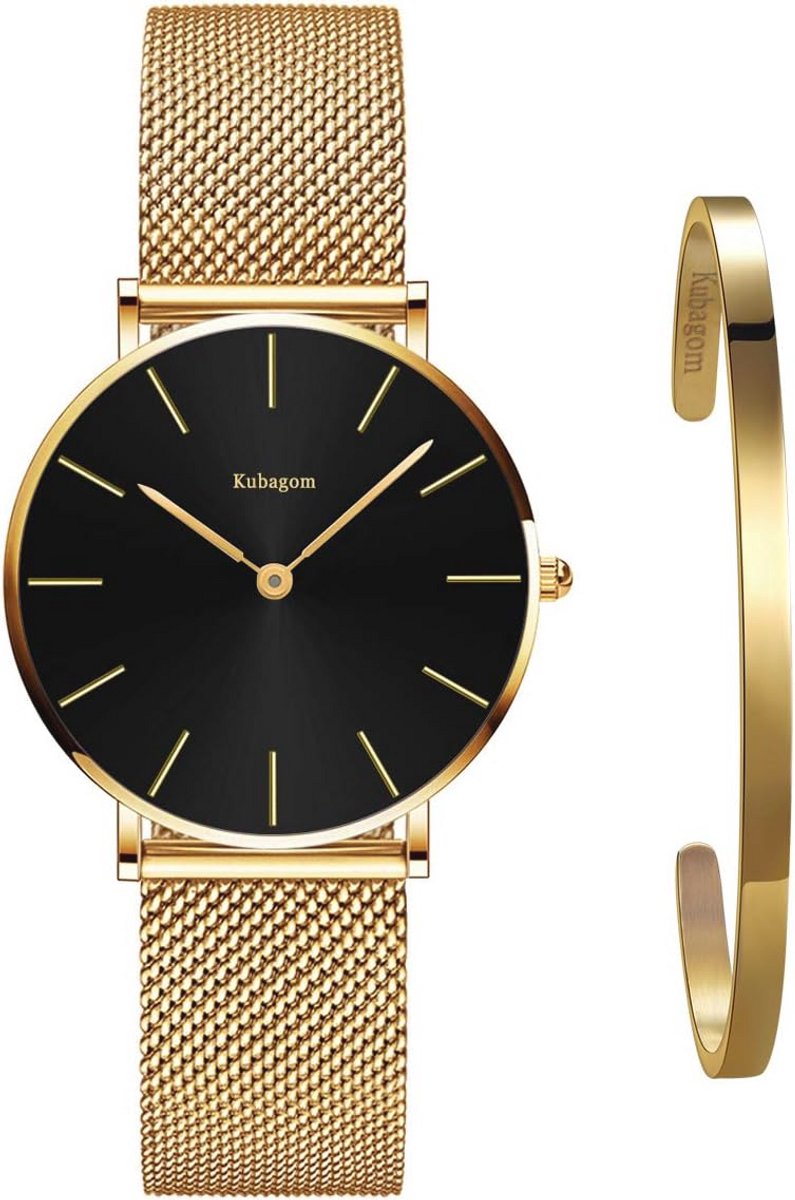 Ultradunne Minimalistische Analoog Quartz Horloge voor Dames met Bangle Set en Roestvrijstalen Armband